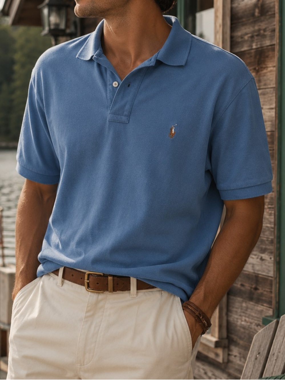 VTG Mens Polo Ralph Lauren Blue Cotton Polo Flesh Pony Preppy Classic Coastal